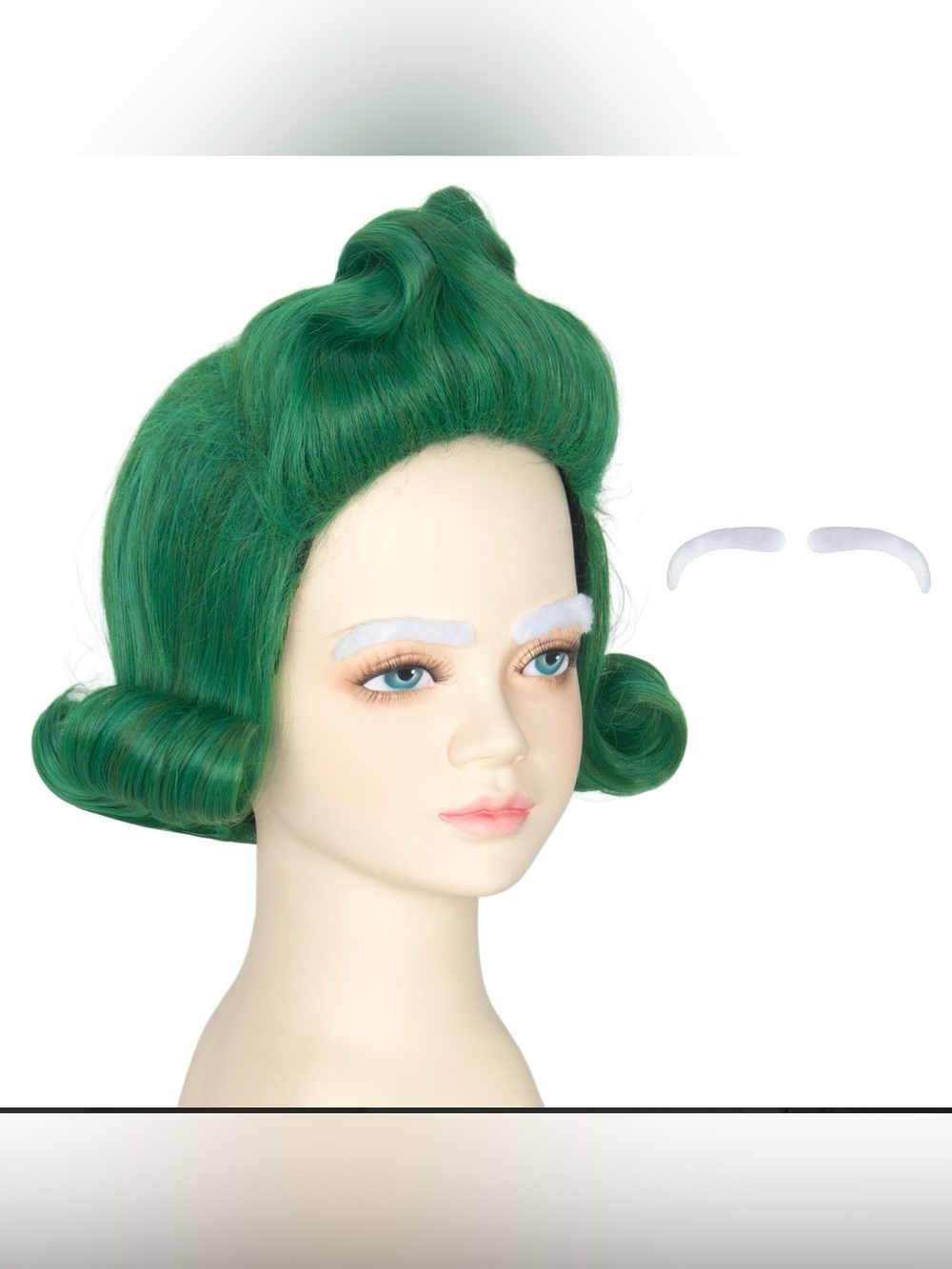 Kids Short Wavy Vibrant Green Wig with White Eyebrow Set Cosplay Outfit Wig NWOT